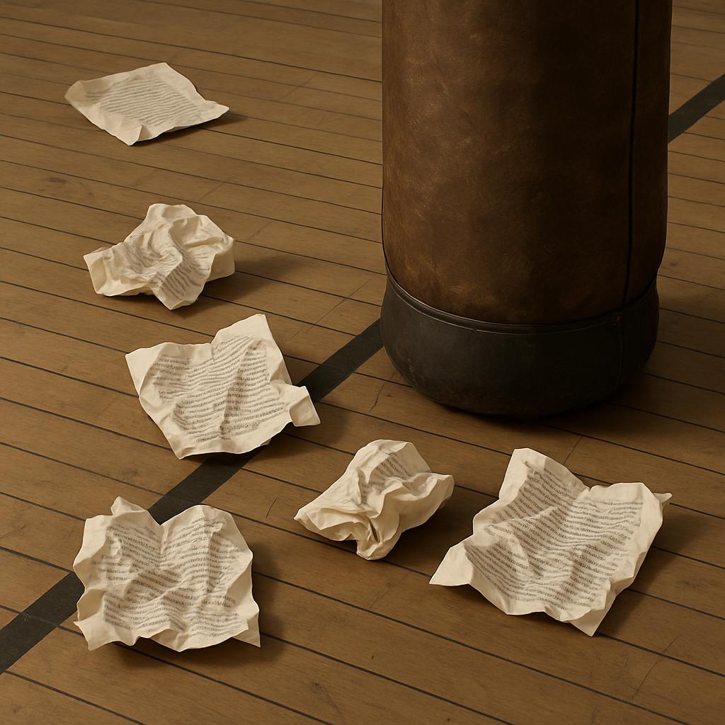 Crumbling white paper with illegible black text laid out in a physical trail on a wooden floor, alongside a brown leather ...