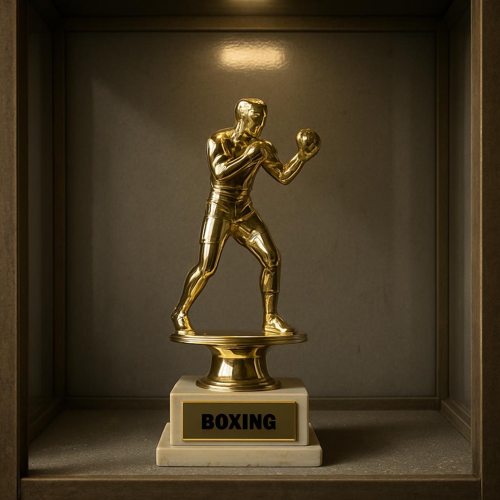 A gold boxing trophy with the words "boxing" written beneath the boxer, depicting him throwing a right hook.