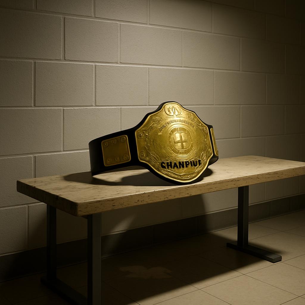 A champion title belt sitting on a wooden bench against a white brick wall, casting a shadow and featuring gold-plated let...