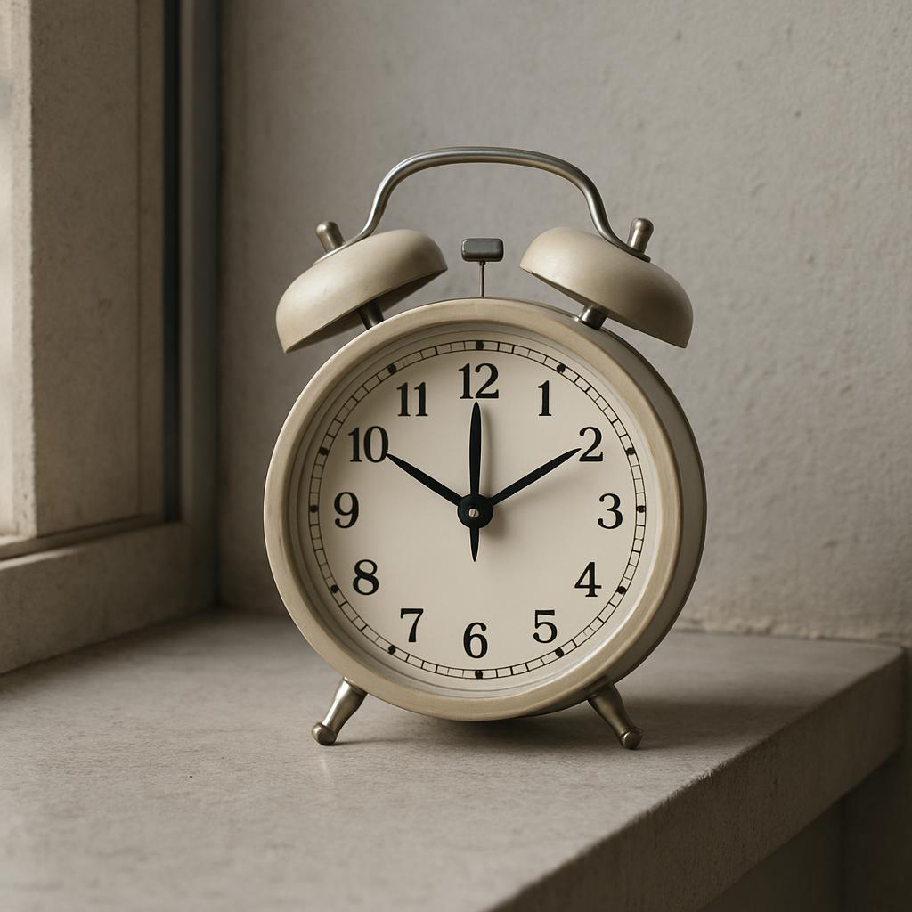 White Analog Alarm Clock on Window Sill